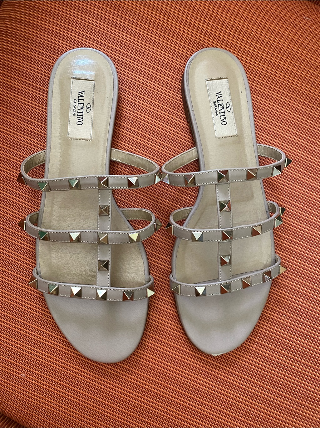 Valentino Nude Beige Leather Studded Slide Sandals